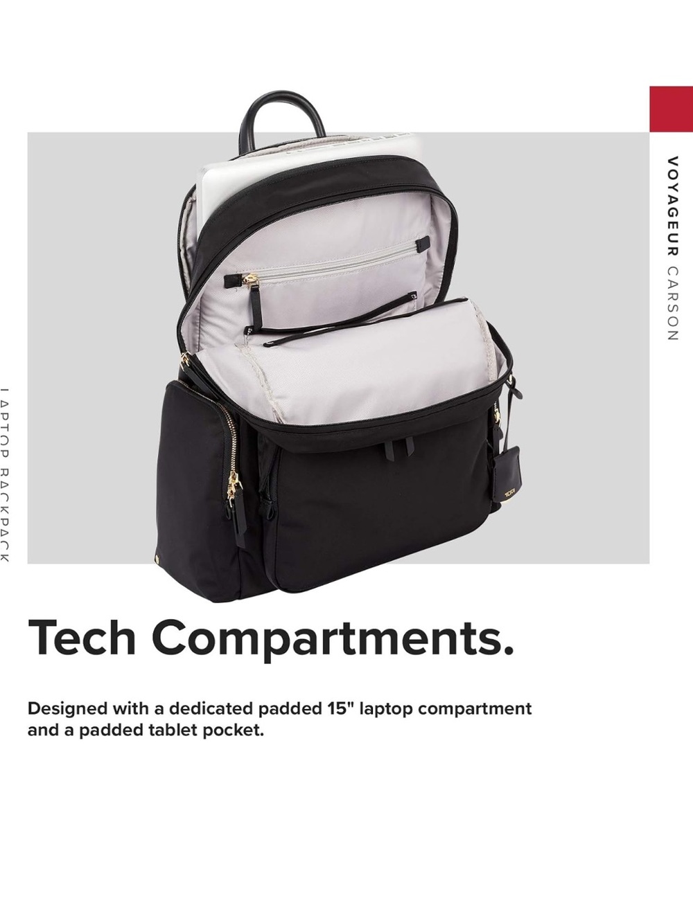TUMI Voyageur Carson Laptop Backpack, Black With Gold Hardware - Picture 3 of 16